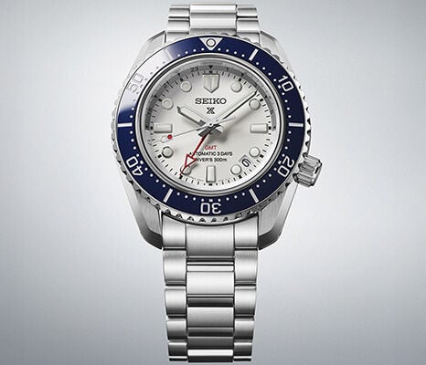Seiko Prospex GMT diver’s watch with white dial, blue bezel and red GMT hand, water resistant to 300m